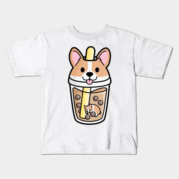 Kawaii Corgi Bubble Tea Kids T-Shirt by SuperrSunday